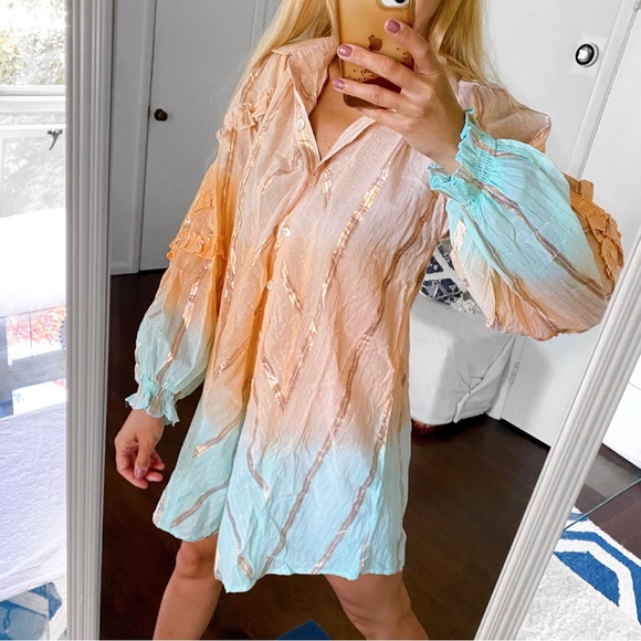 🩵 MISS JUNE PEACH BLUE OMBRÉ COLLARED LOOSE FIT MINI DRESS! (no belt) - Picture 7 of 16